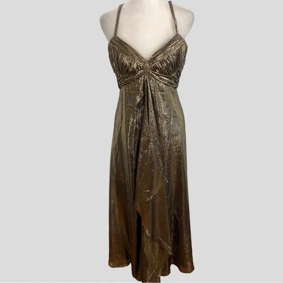 gold flowy maxi dress Seraphine Gold Satin Plunging V-Neck Maxi Dress